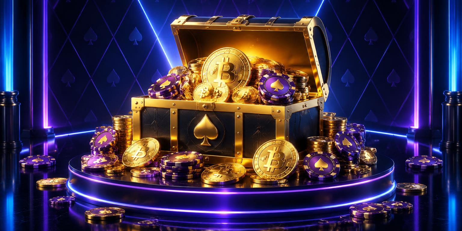 Gouden schatkist met bitcoins en paarse casinofiches van JustBit Casino